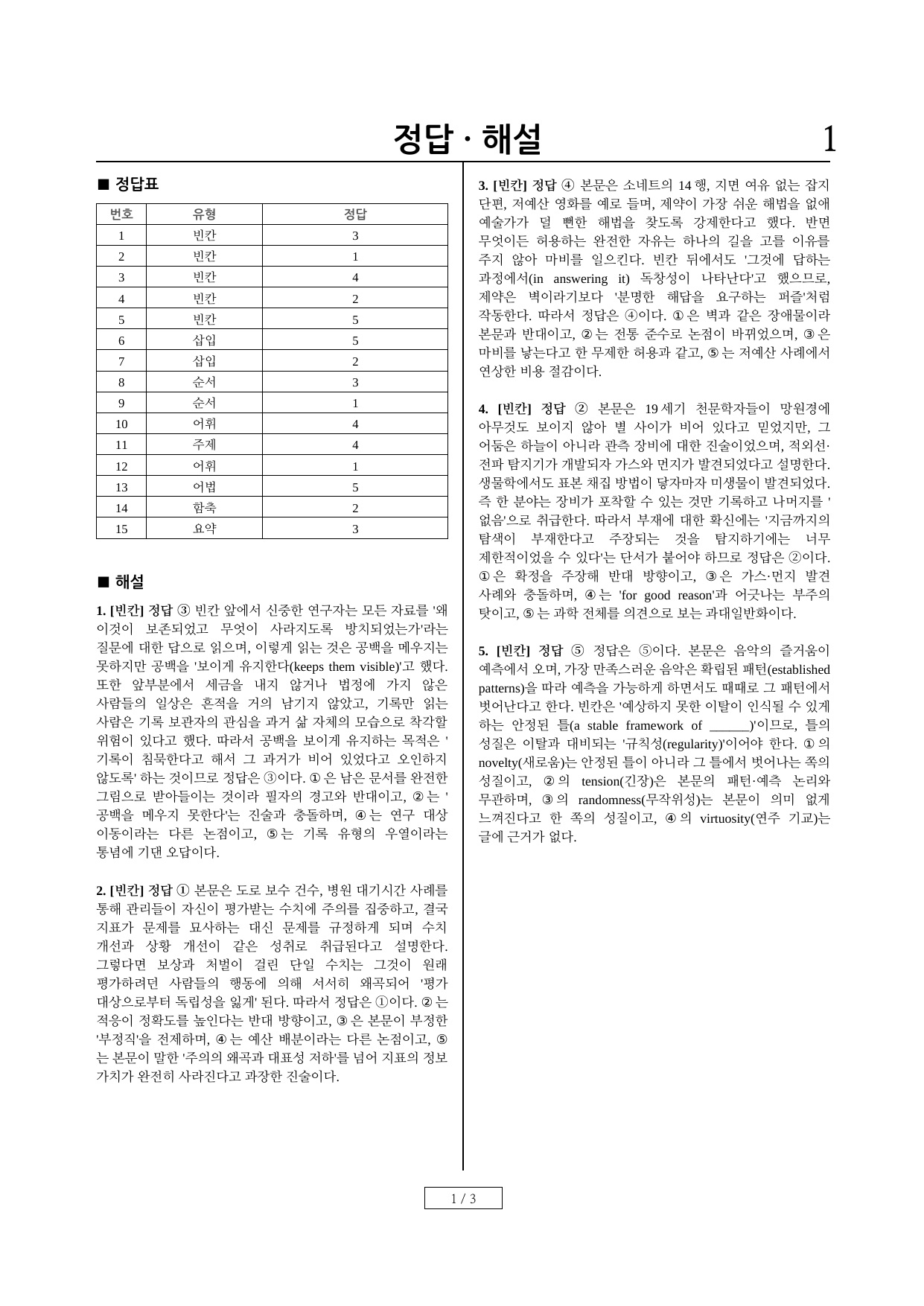 1회 교사용 해설지 1쪽: 정답표와 1~5번 해설